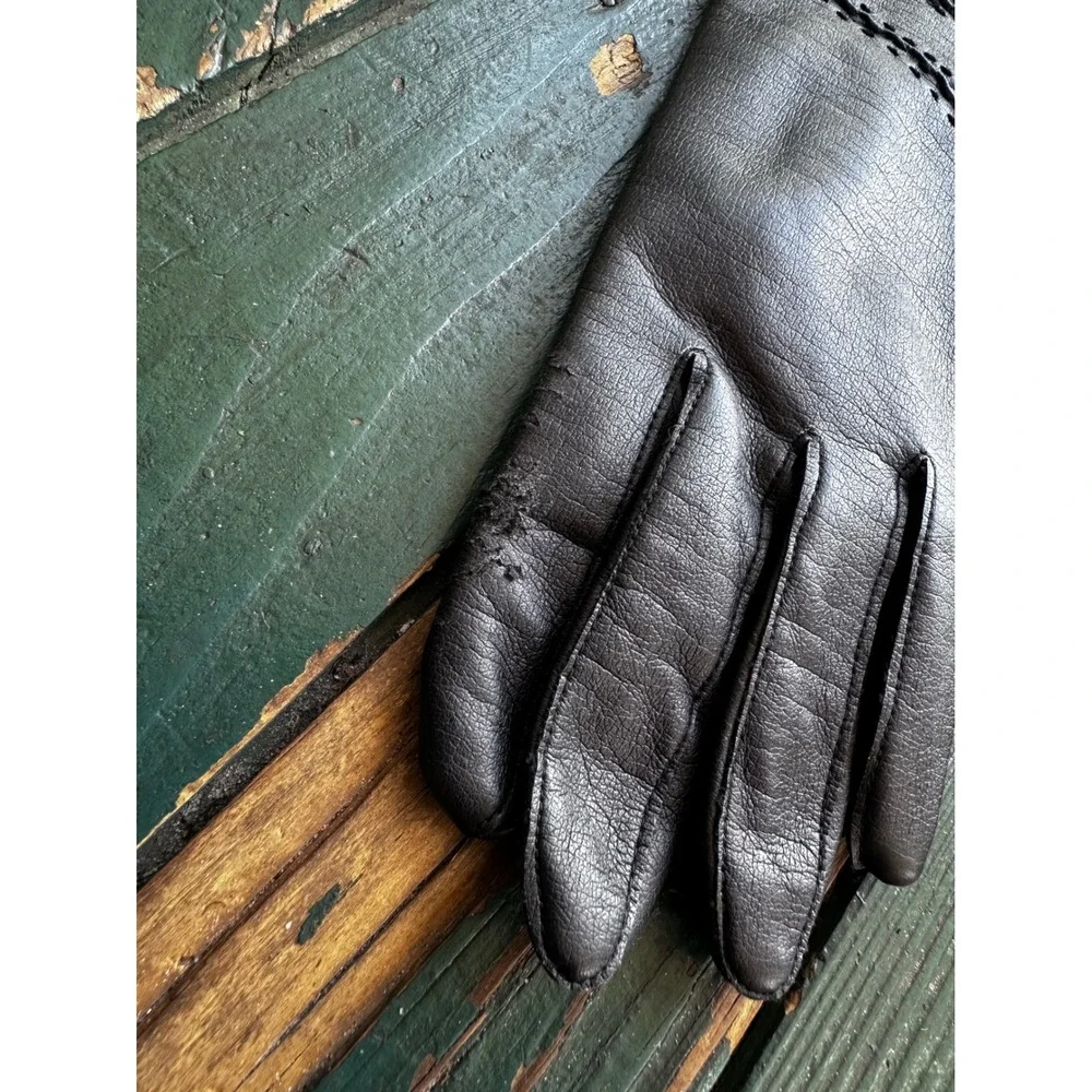 Vintage Dark Brown Leather Gloves Decorative Stitching Knit Lined Size 7.5-8.5